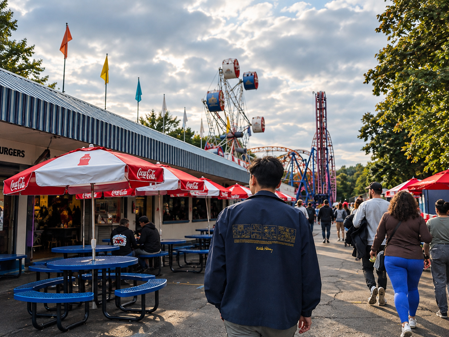 Oaks Amusement Park 안쪽으로 걸어가는 길과 놀이기구